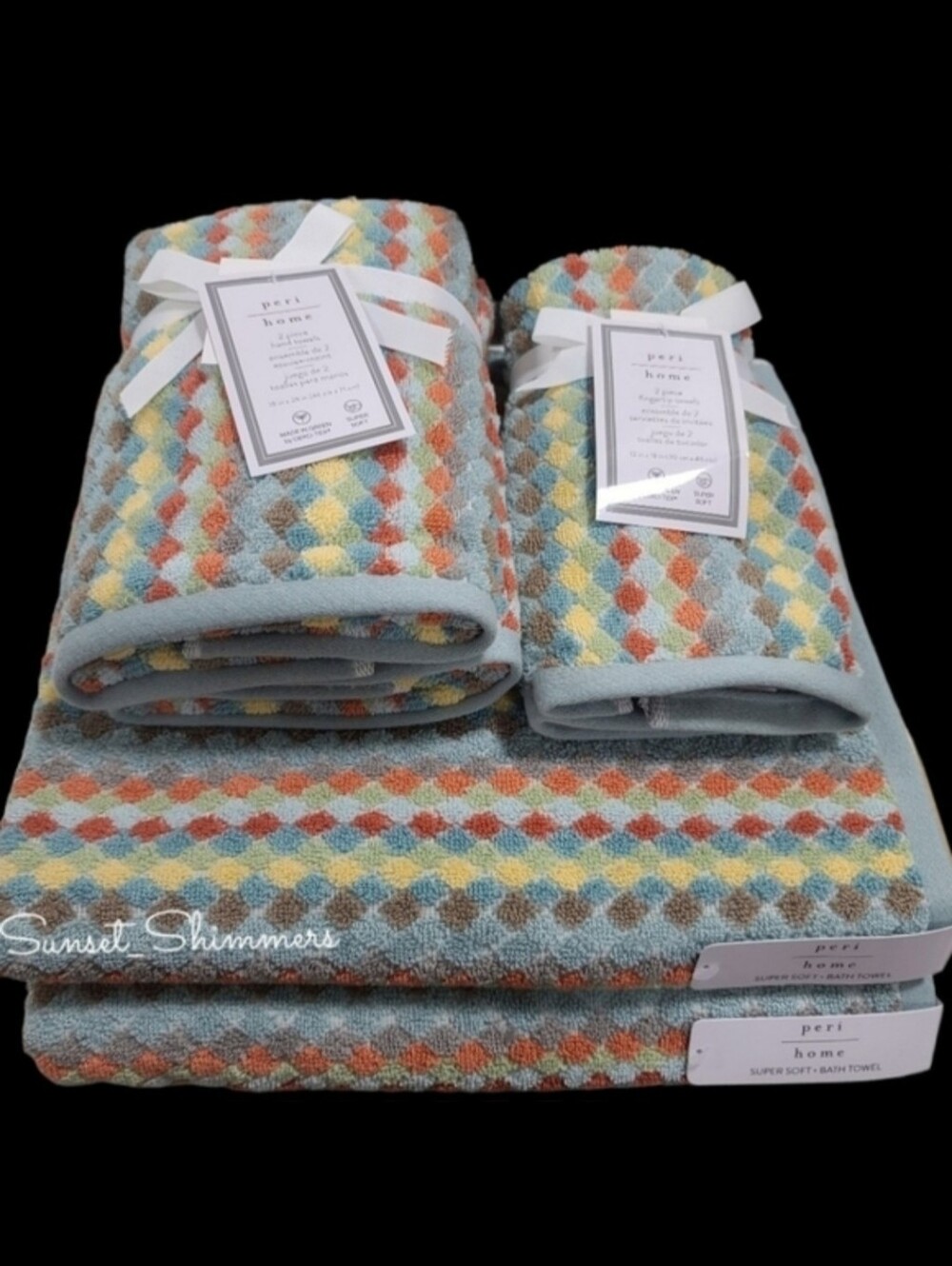 6pc Peri Home Fall Multicolored  Diamond Mosaic Tile Bath Hand Tip Towel Set New